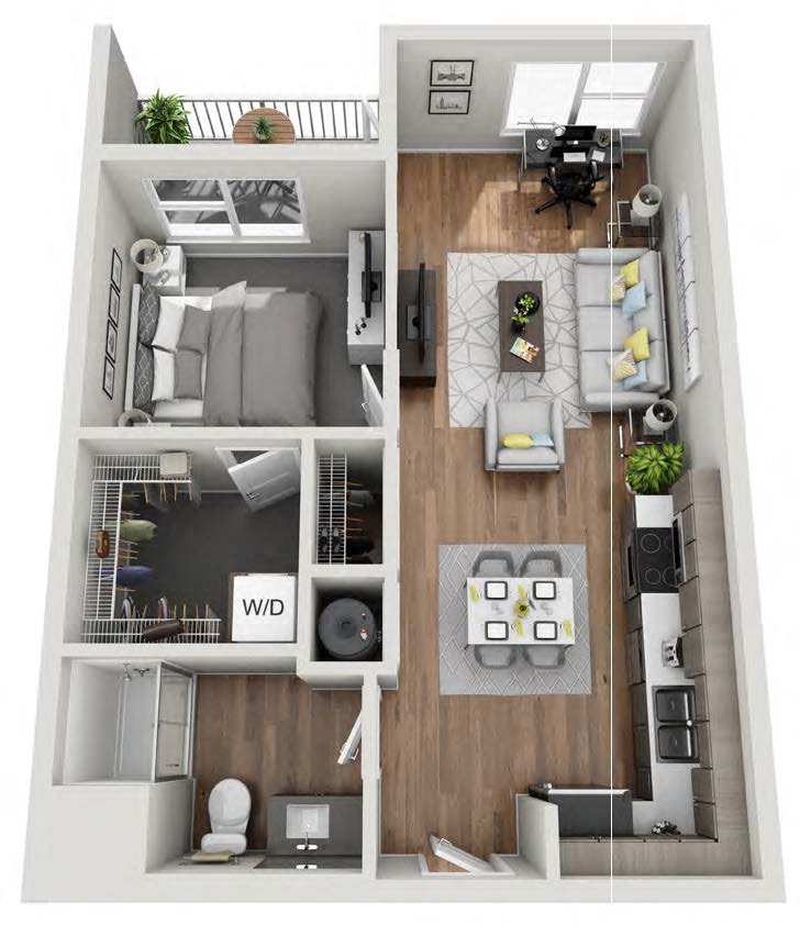 Floor plan for 1 bed, 1 bath, 640 sqft